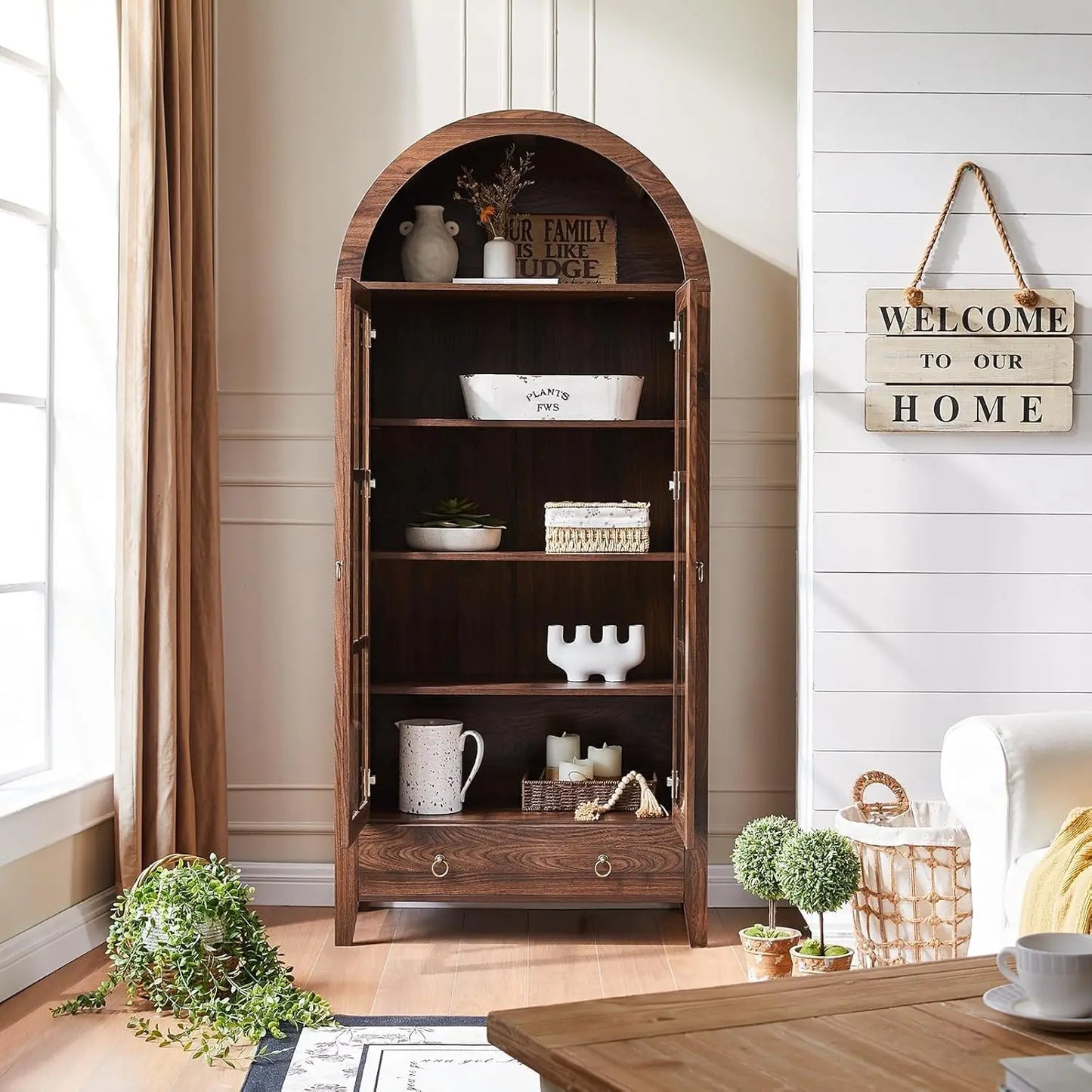 71” Tall, Arched Farmhouse Cabinet with Glass Doors