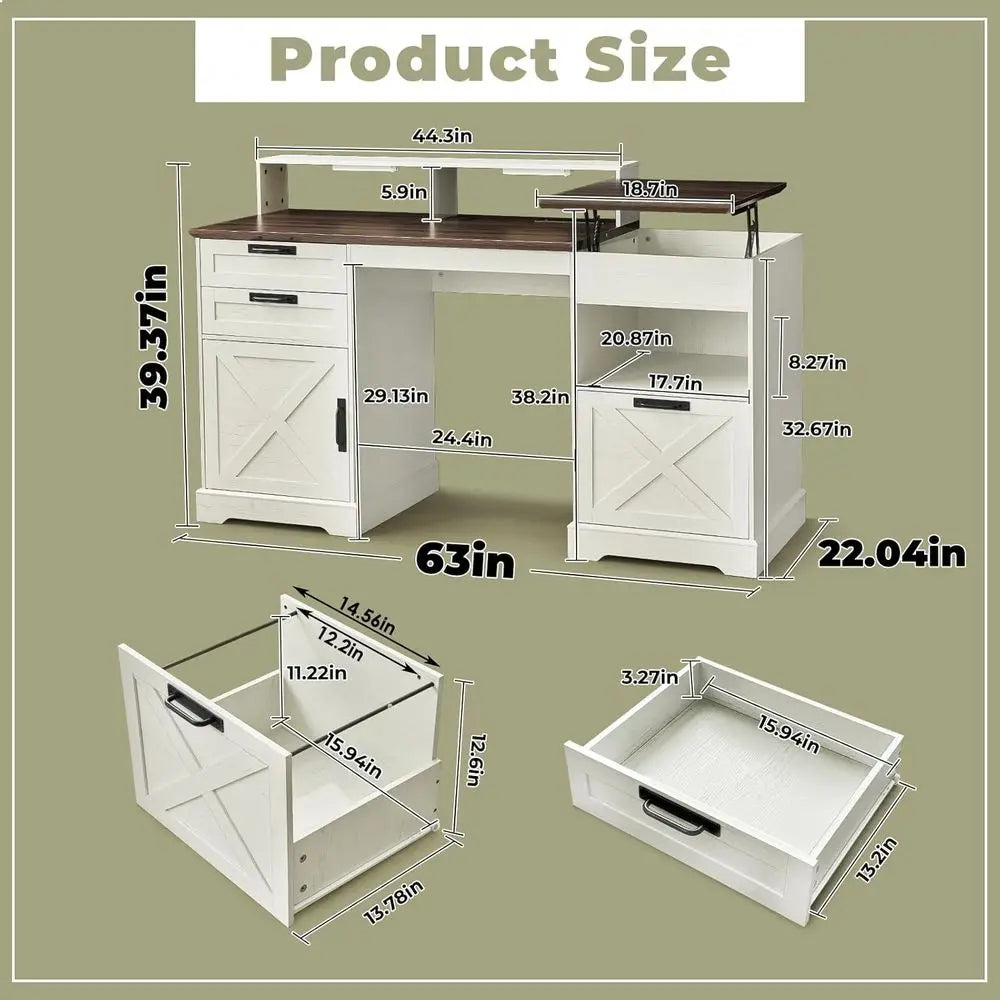 Farmhouse Home Office Desk with File Drawer & Lift Top