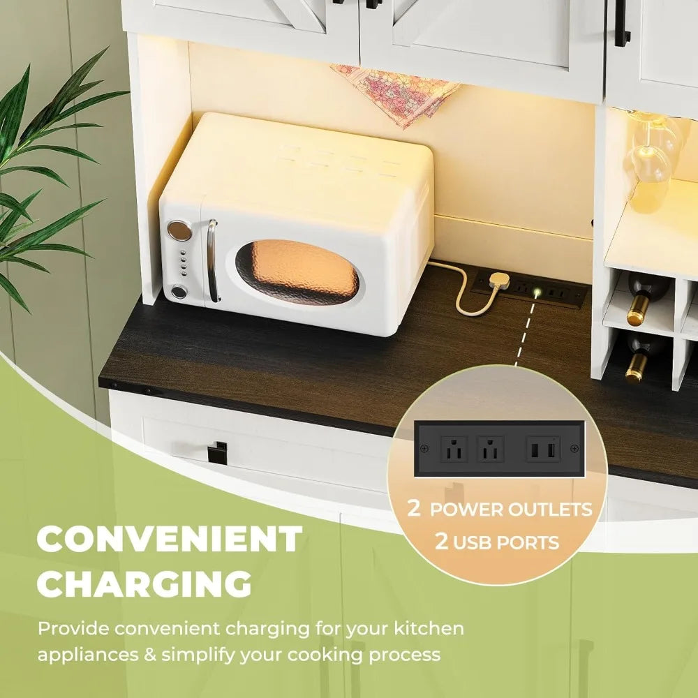 71" Tall Farmhouse Pantry Cabinet with Charging Station & LED Light