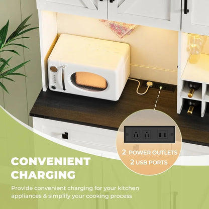71" Tall Farmhouse Pantry Cabinet with Charging Station & LED Light