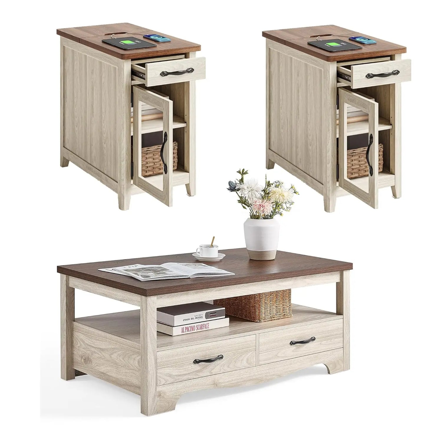 3 Piece, Farmhouse Coffee Table Set & 2 End Tables