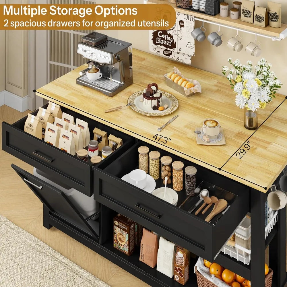 Kitchen Island Includes 2 Bar Stools, Trash Storage & Power Outlet