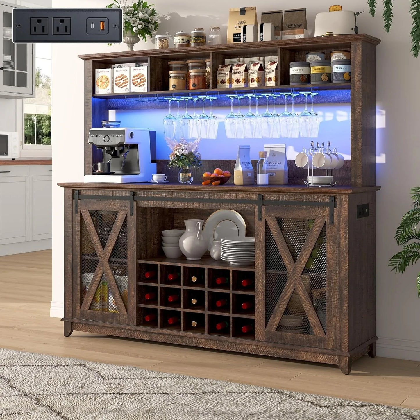Farmhouse Coffee or Wine Buffet Cabinet with Power Outlet