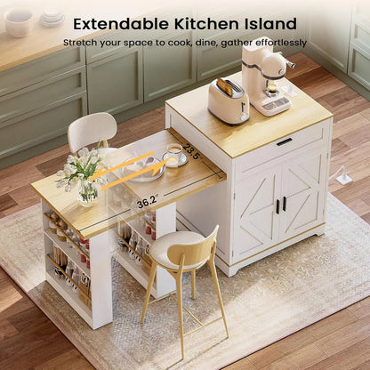Extendable Farmhouse Kitchen Island with Dining Table & Spice Rack