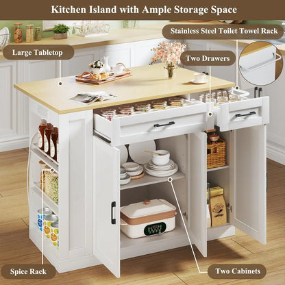 Rolling Kitchen Island with Drop Leaf & Spice Rack Shelf