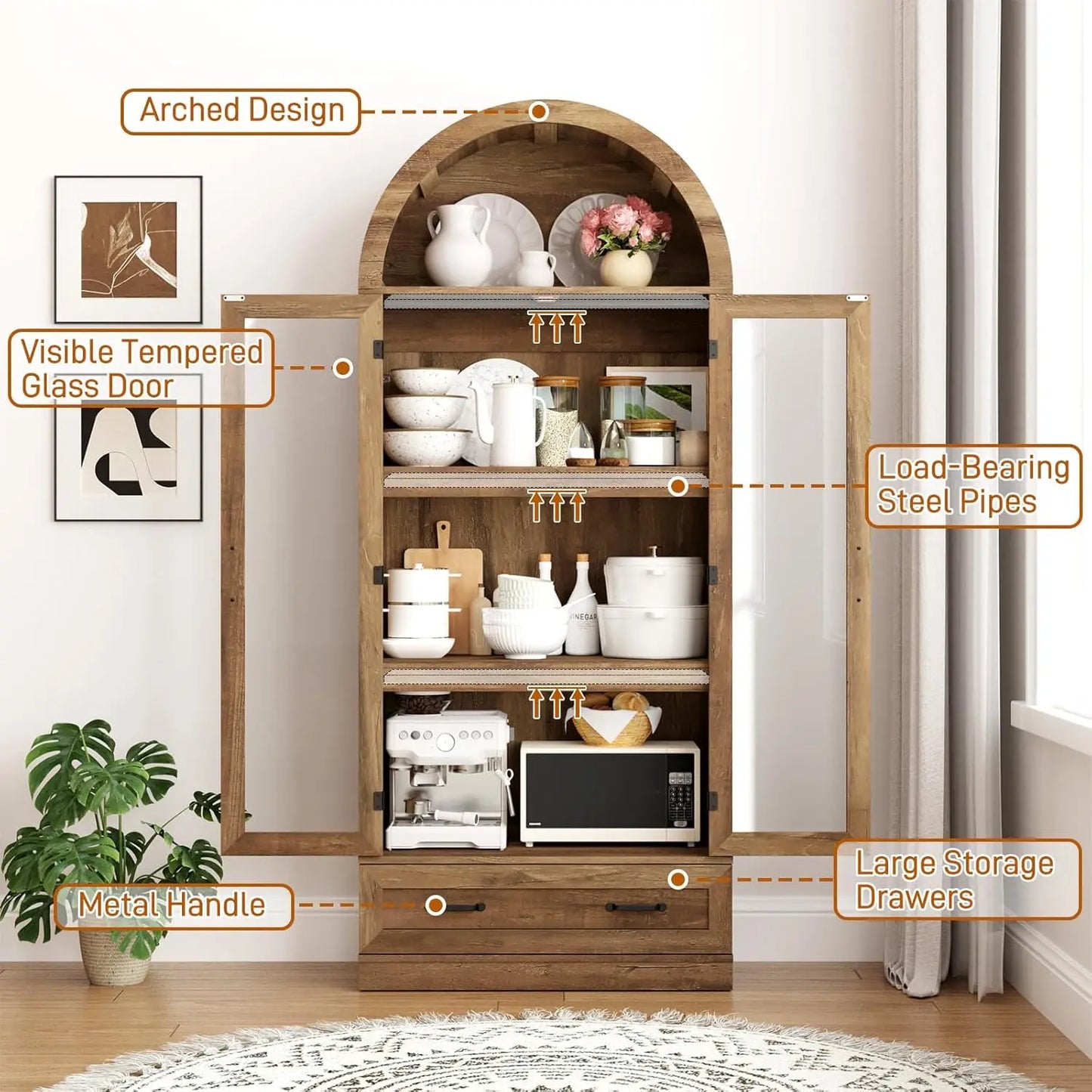 75" Tall, Arched Kitchen Pantry Cabinet with Glass Doors