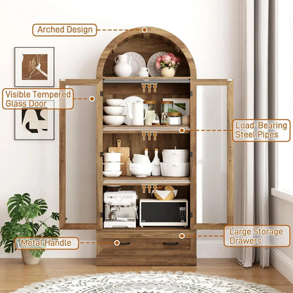 75" Tall, Arched Kitchen Pantry Cabinet with Glass Doors