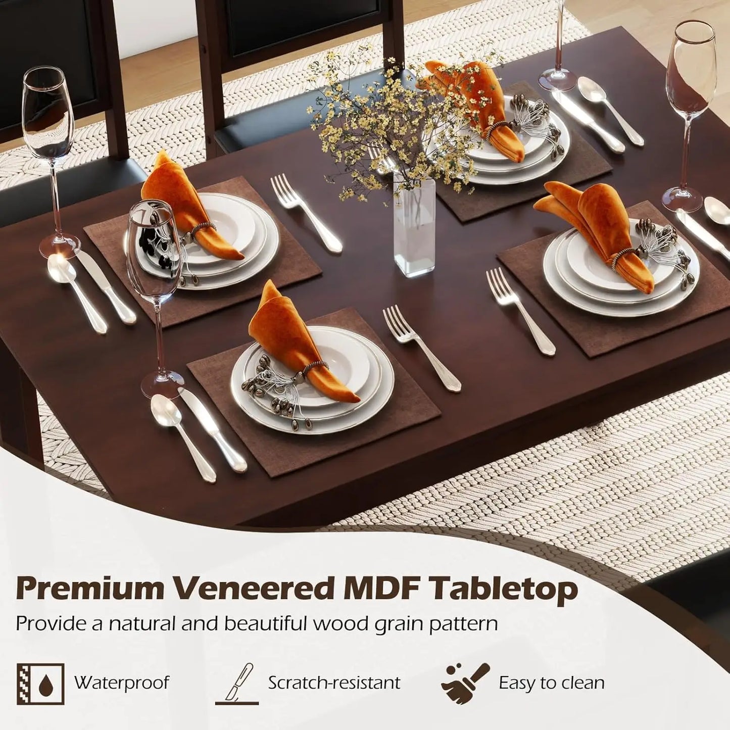 5 Piece Dining Table Set with Padded Seats & Backrest