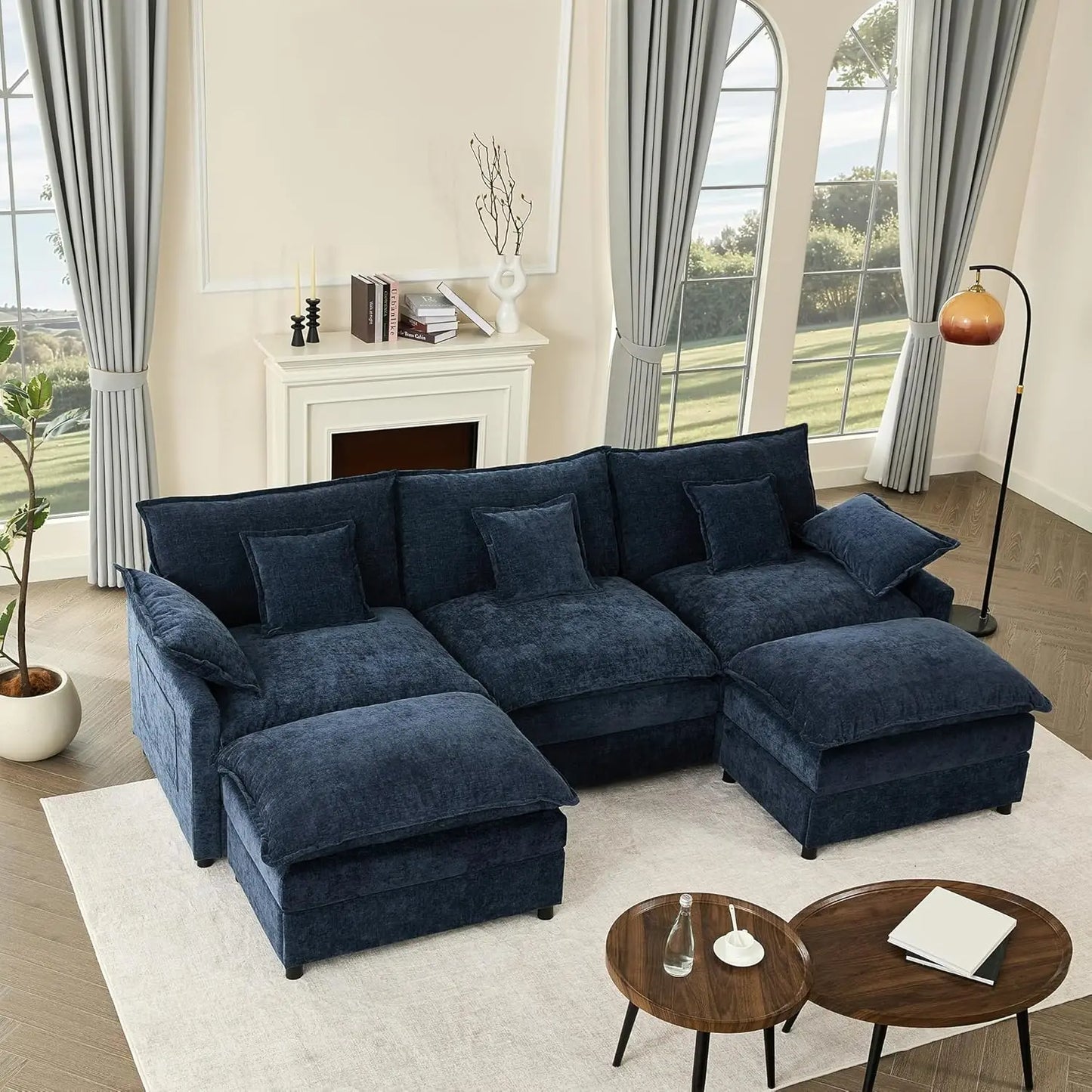 Sectional Linen Sofa with Movable Ottomans