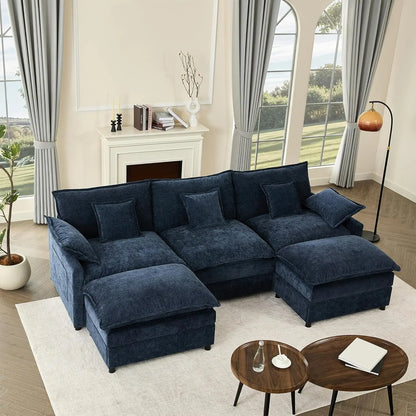 Sectional Linen Sofa with Movable Ottomans