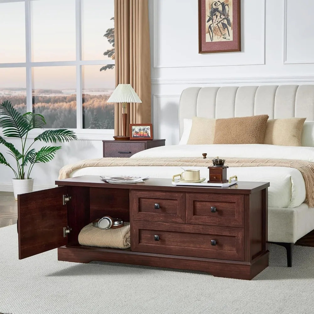 Wooden Farmhouse Storage Bench with Drawers for Bedroom or Living Room