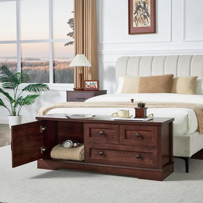 Wooden Farmhouse Storage Bench with Drawers for Bedroom or Living Room