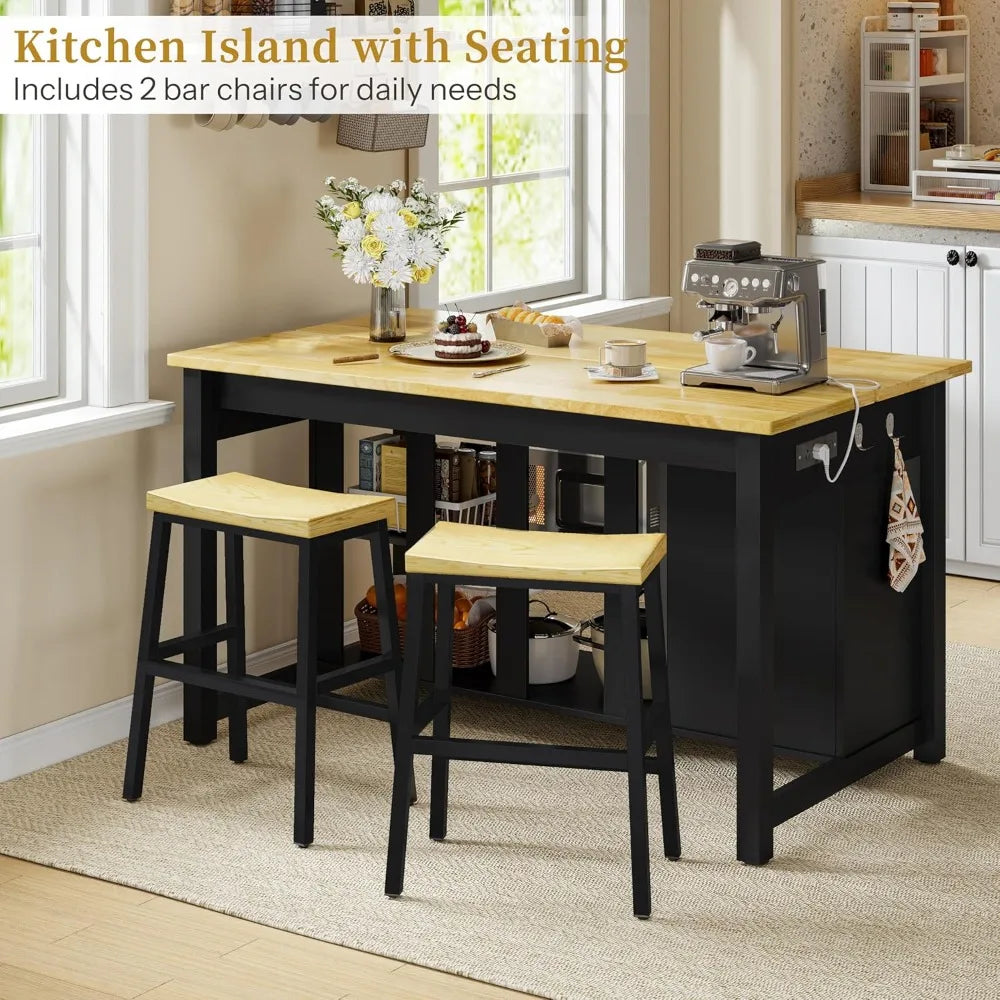 Kitchen Island Includes 2 Bar Stools, Trash Storage & Power Outlet