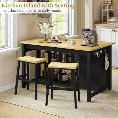 Kitchen Island Includes 2 Bar Stools, Trash Storage & Power Outlet