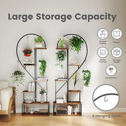 Tall Plant Stand Indoor, Metal Heart Shaped Plant Shelf for Plants Multiple with 6 Hanging Hooks & 12 Boards.