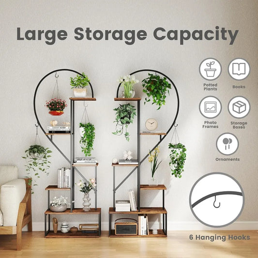 Tall Plant Stand Indoor, Metal Heart Shaped Plant Shelf for Plants Multiple with 6 Hanging Hooks & 12 Boards.