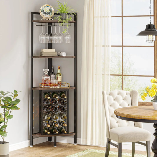 Corner Shelf Wine Rack Bar Cabinet with Glass Holder