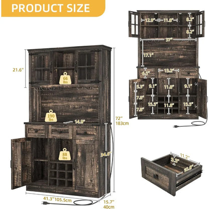 72" Tall Farmhouse Pantry Cabinet with Power Outlet & Lights