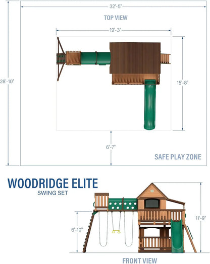 Wooden Play Fort with Swing Set, Slide & Crawl Tunnel
