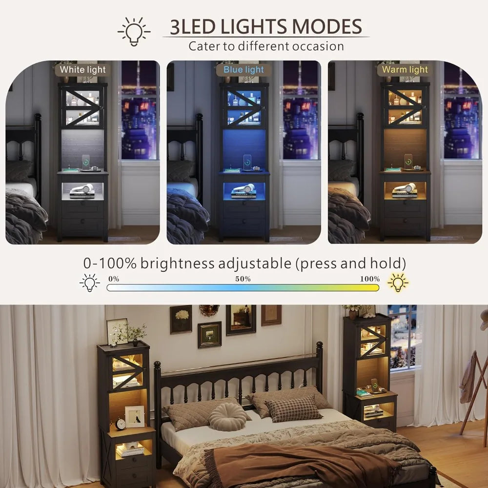 Farmhouse Night Stand with Charging Station & LED Lights