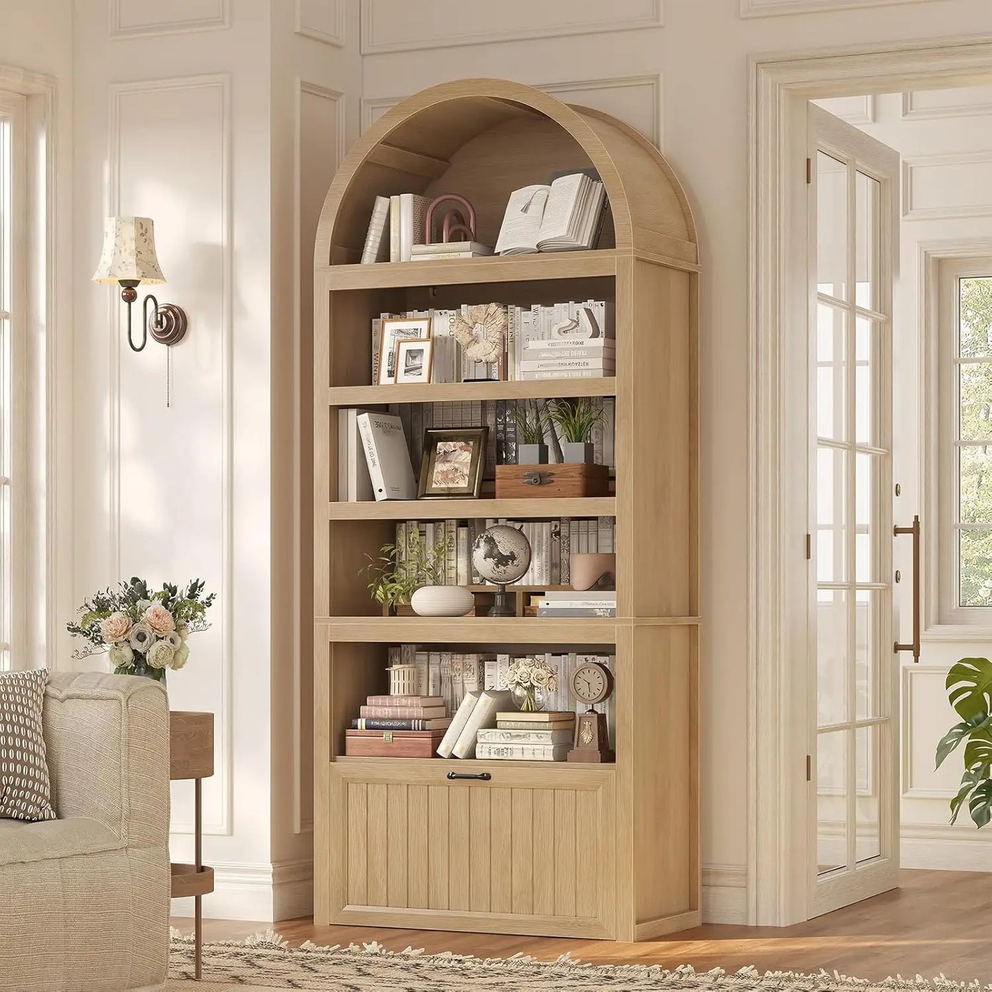 81" Tall Arched Bookshelf with Display Shelves & Cabinet Doors