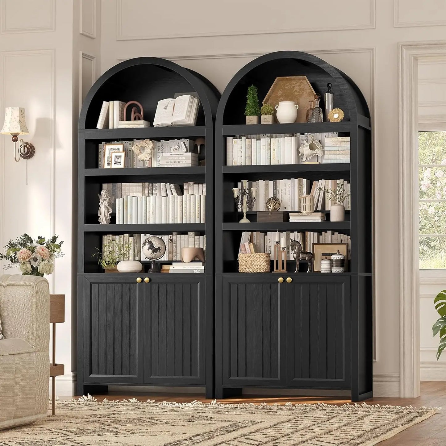 81" Tall Arched Bookshelf with Display Shelves & Cabinet Doors