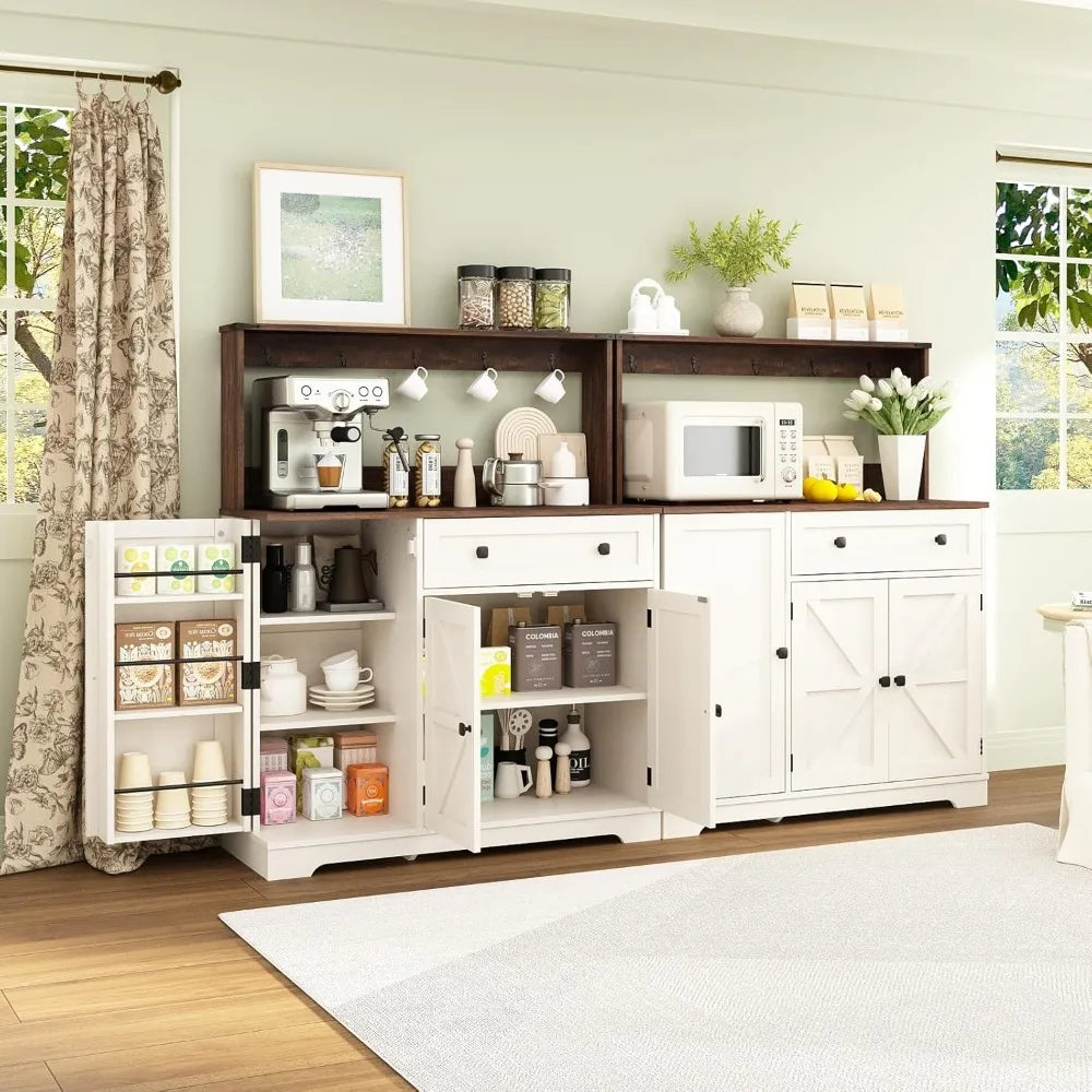 Farmhouse Coffee Bar Cabinet & Hutch with Charging Station