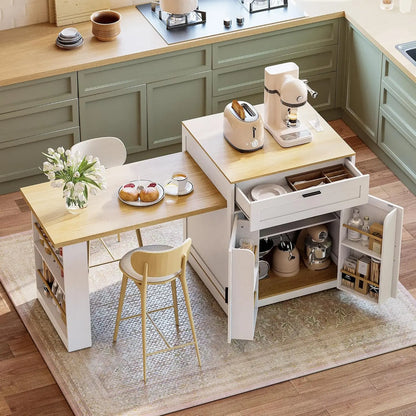 Extendable Farmhouse Kitchen Island with Dining Table & Spice Rack