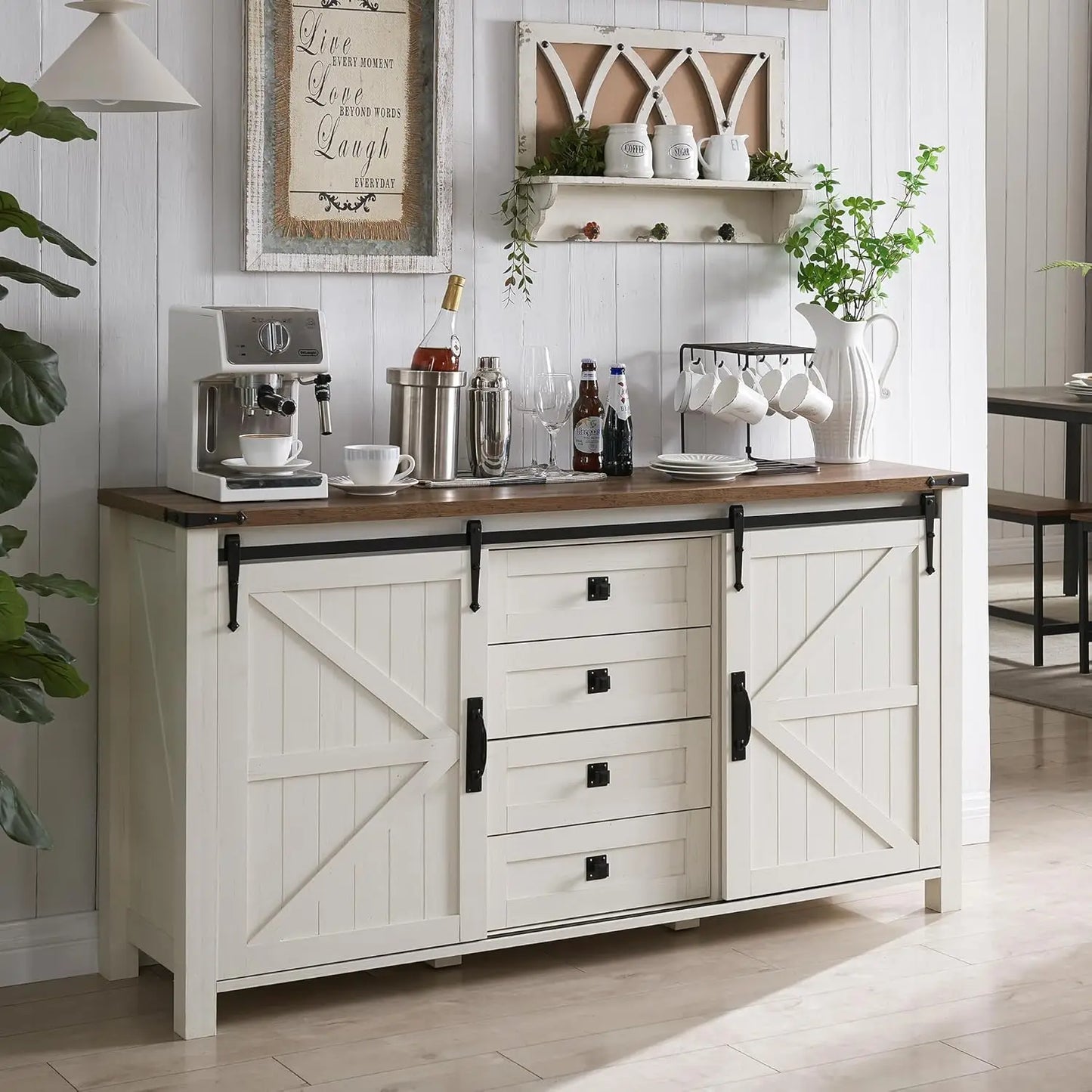 Rustic Farmhouse Coffee Bar Cabinet with Sliding Barn Doors