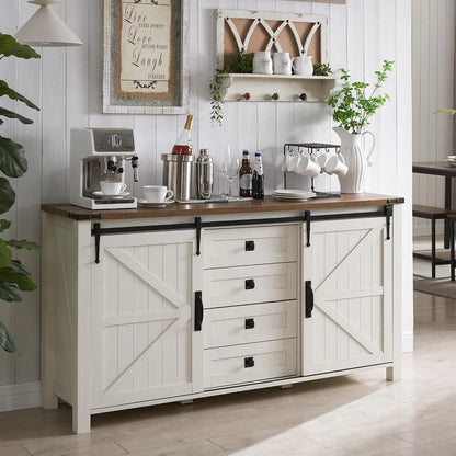 Rustic Farmhouse Coffee Bar Cabinet with Sliding Barn Doors