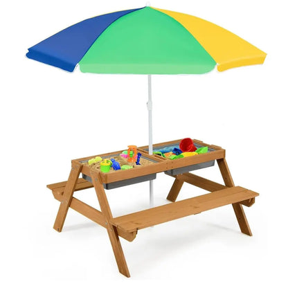 Kids Outdoor Wooden Picnic Table with Umbrella