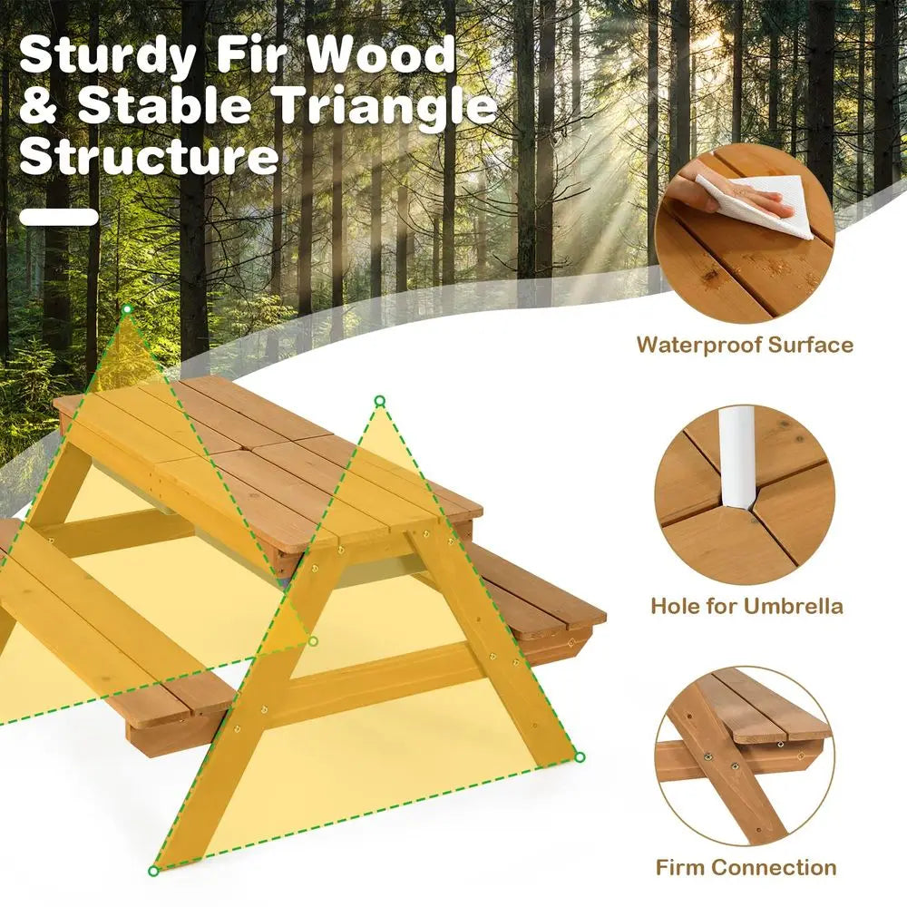 Kids Outdoor Wooden Picnic Table with Umbrella