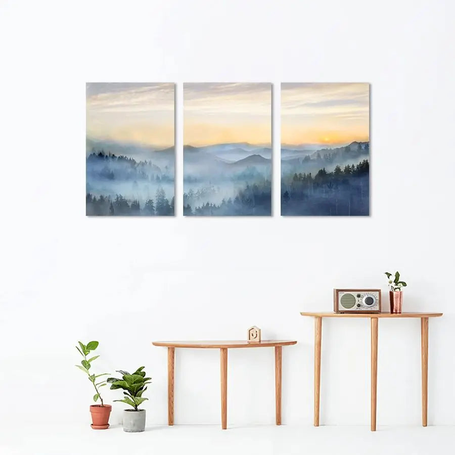 3-Panel Sunrise Misty Forest Framed Wall Art