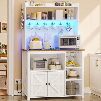 Farmhouse Coffee Bar Cabinet with LED Lighting & Power Outlet