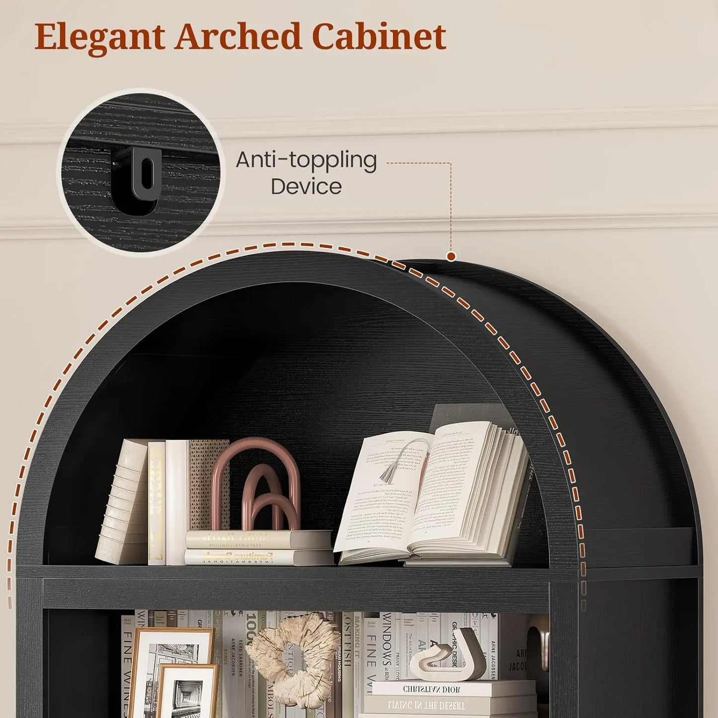 81" Tall Arched Bookshelf with Display Shelves & Cabinet Doors