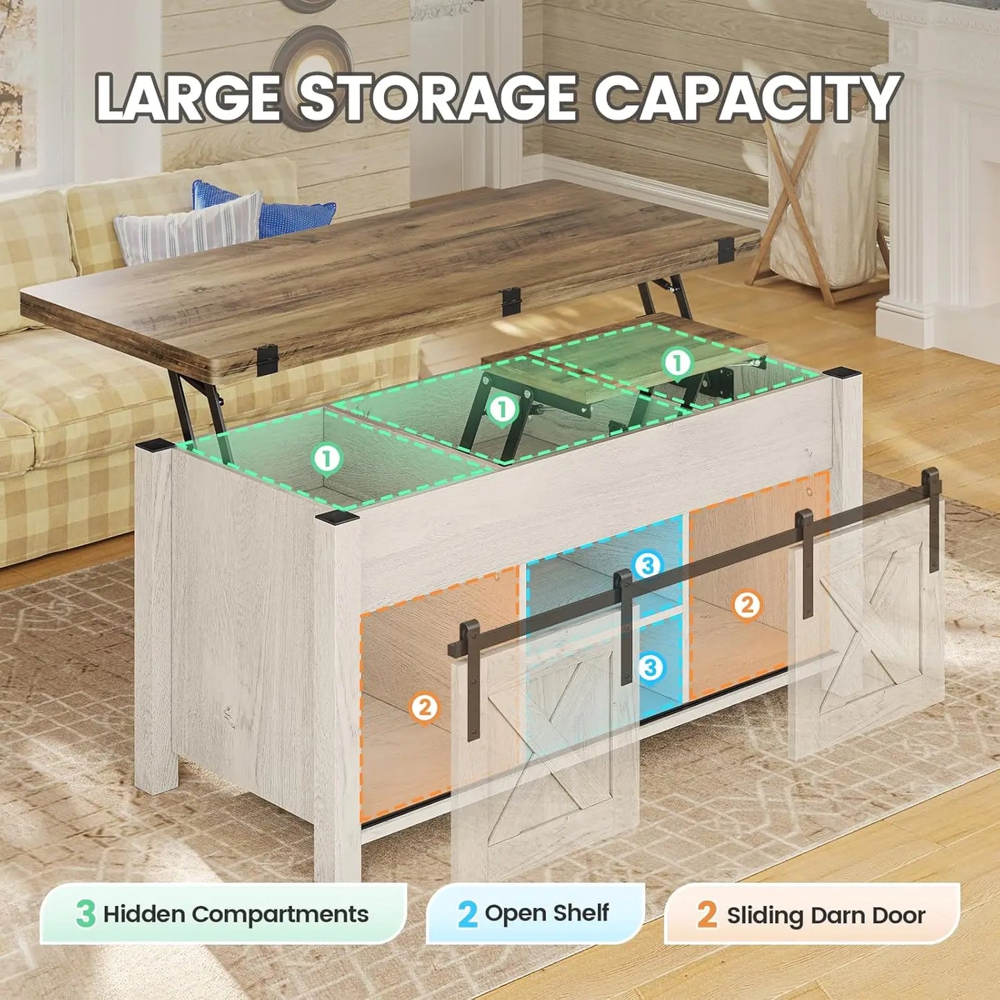 Lift Top Farmhouse Coffee Table with Storage