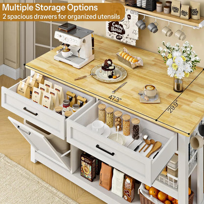 Farmhouse Kitchen Island with Dining Area, 2 Bar Stools & Trash Cabinet