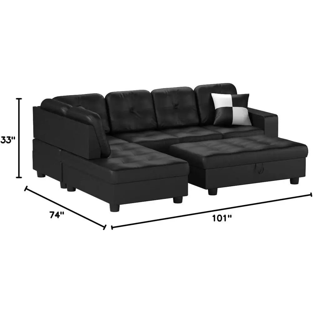 Black Leather Sectional Sofa Set with Ottoman