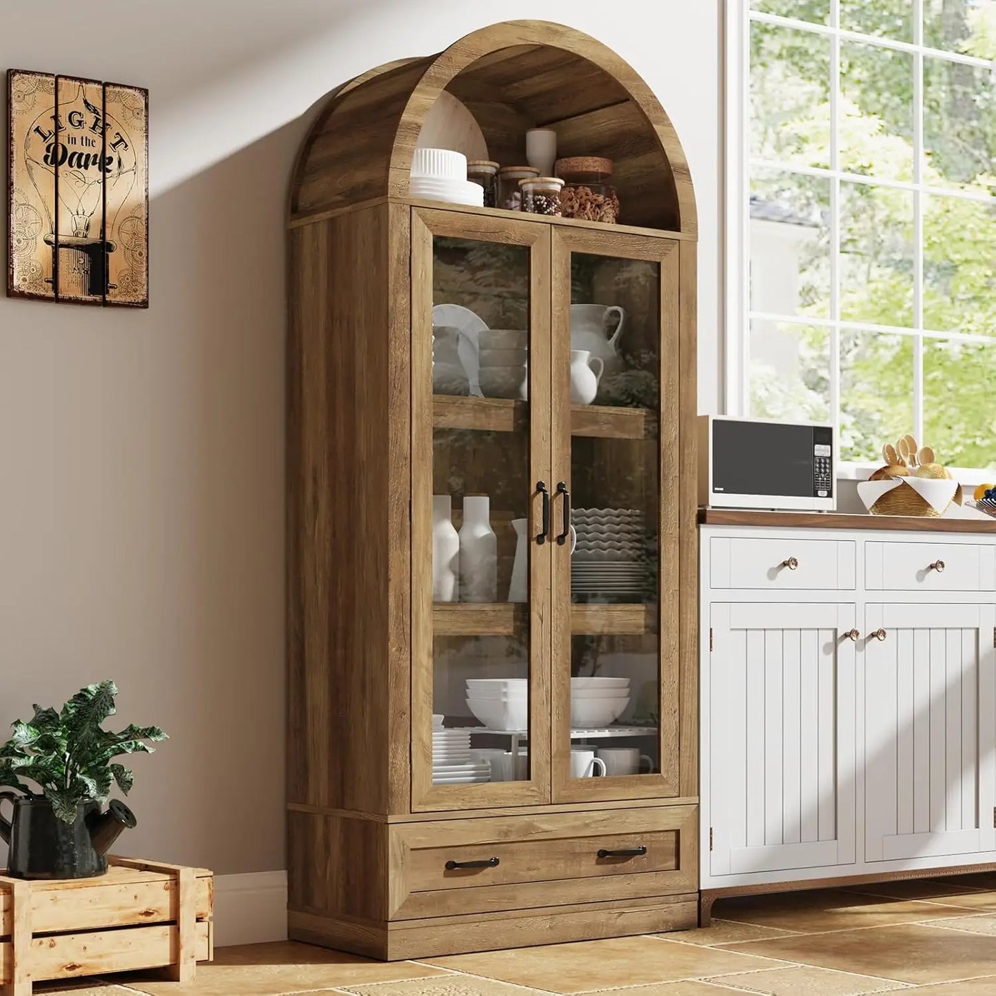 75" Tall, Arched Kitchen Pantry Cabinet with Glass Doors