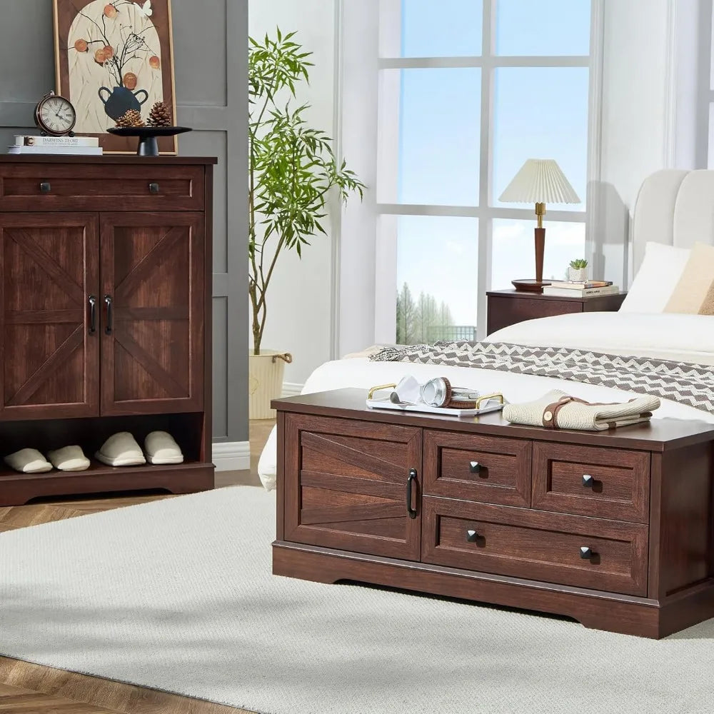 Wooden Farmhouse Storage Bench with Drawers for Bedroom or Living Room