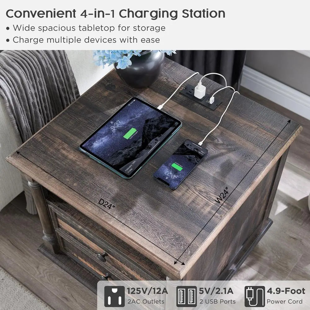 Farmhouse End Table with 4 Solid Wood Feet & Charging Station