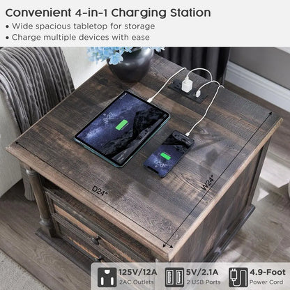 Farmhouse End Table with 4 Solid Wood Feet & Charging Station