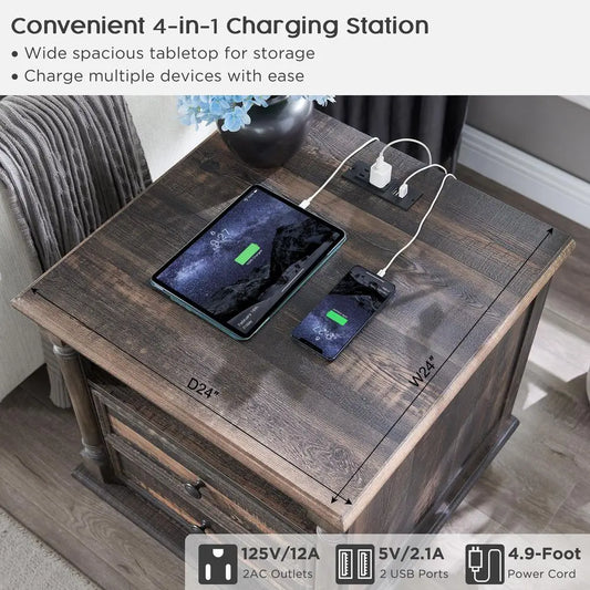 Farmhouse End Table with 4 Solid Wood Feet & Charging Station