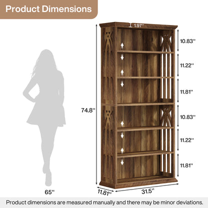 75" Tall Wooden Bookshelf with Display Shelves