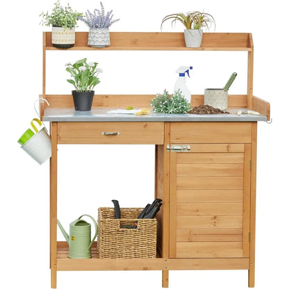 Outdoor Garden Potting Bench with Metal Tabletop