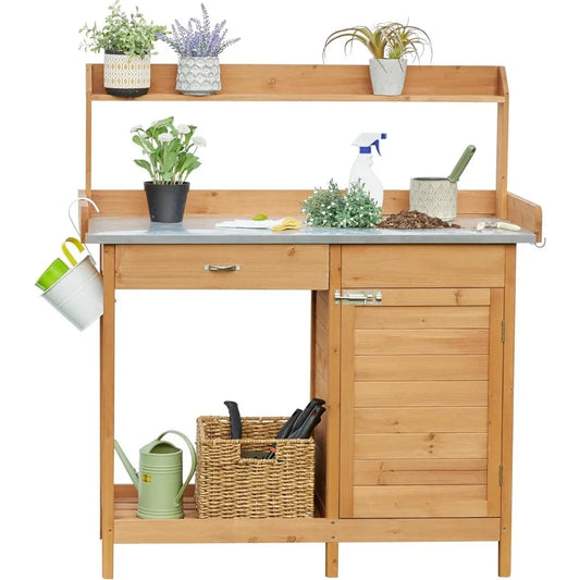 Outdoor Garden Potting Bench with Metal Tabletop