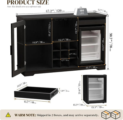 Wine & Liquor Bar Cabinet with LED Lights & Included Mini Fridge