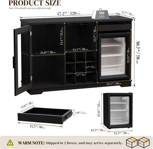 Wine & Liquor Bar Cabinet with LED Lights & Included Mini Fridge