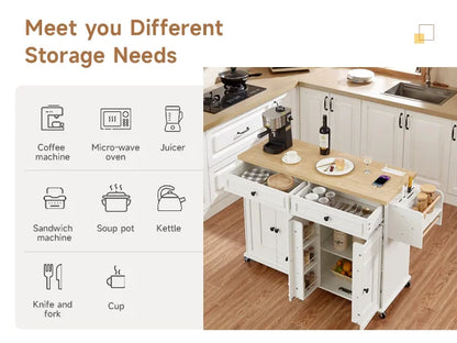 Mobile Kitchen Island with Spice Rack & Power Outlet