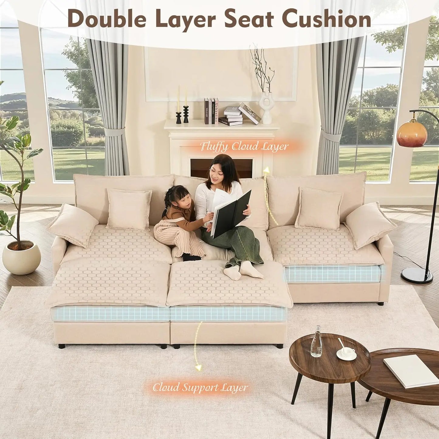 Sectional Linen Sofa with Movable Ottomans